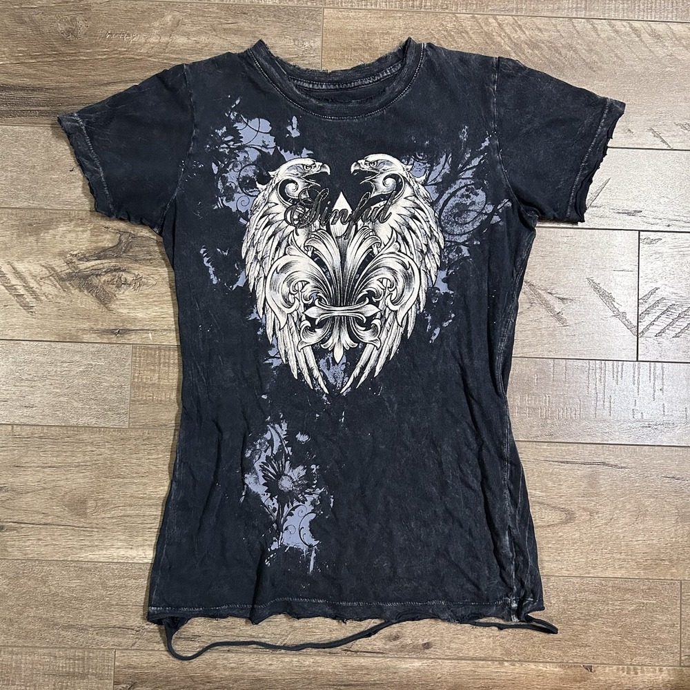 Y2K Sinful Affliction Women's Grunge Black Angel Wing Graphic T-Shirt Sz M